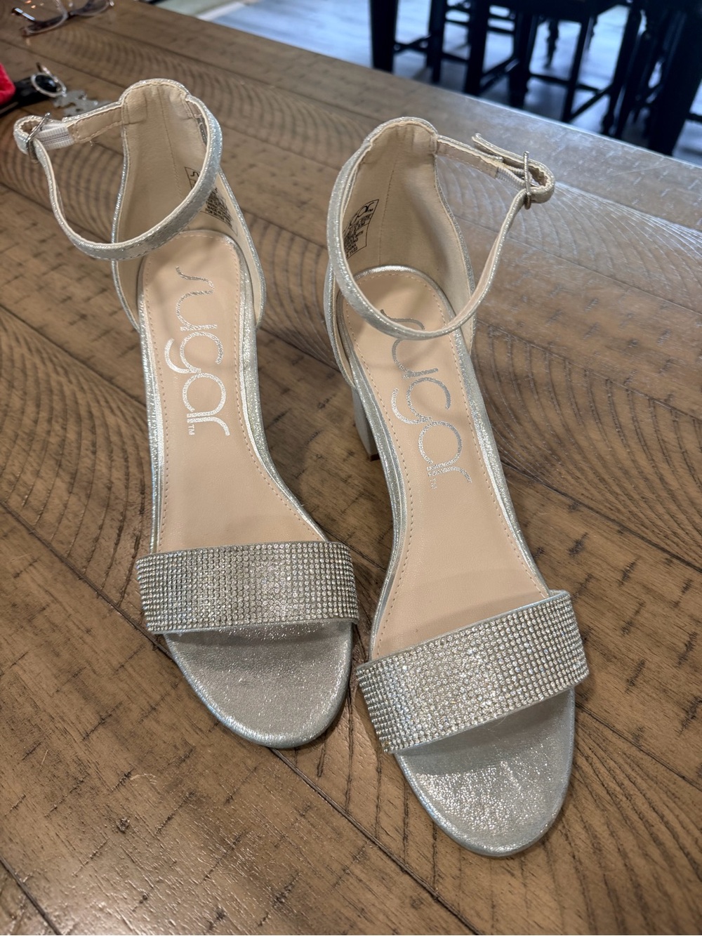 Sugar Silver Rhinestone Ankle-Strap Block Heel Sandals